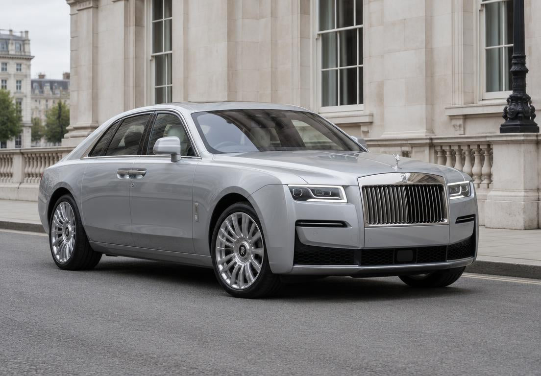Silver Rolls-Royce outside a London building