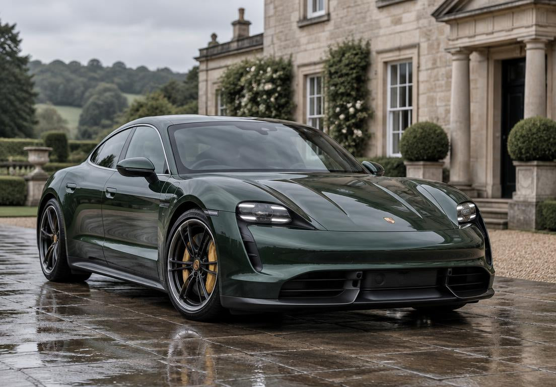 Racing green Porsche Taycan outside a British country house