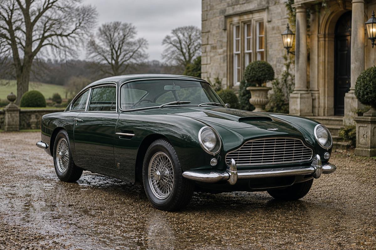 Classic British racing green grand tourer outside a country house