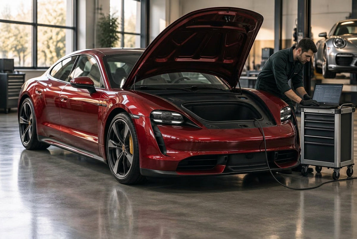 Porsche Taycan connected to a diagnostic laptop in a workshop